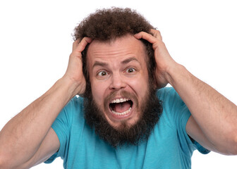Crazy bearded man emotions and signs