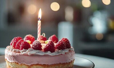 simple pink tart cake for birthday one candle with red raspberry - Powered by Adobe