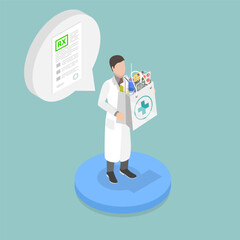 3D Isometric Flat Vector Illustration of Drugstore, Pharmacist Holds Paper Bag With Medicines And Pill Bottles