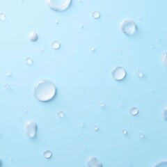 Clear water drops on a light blue surface creating a refreshing texture