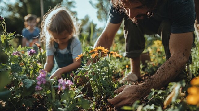 joyful family spends quality time in their garden planting colorful flowers as parents and children bond over gardening. They embrace nature’s beauty and learning together.