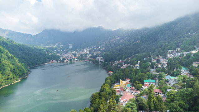 Aerial view of nainital lake in nainital city. Beautiful landscape of himalayan hill station nainital, uttarakhand in India
