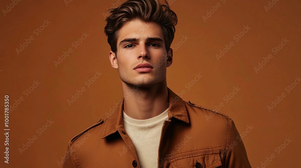 Poster A bust shot of a confident young male fashion model, posing with business casual clothes against a vibrant soft brown studio background