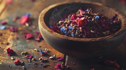 Aromatic dried flower petals in a wooden bowl on rustic table