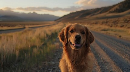 Obraz premium A golden retriever dog smiles at the camera on a dirt road with mountains in the background.
