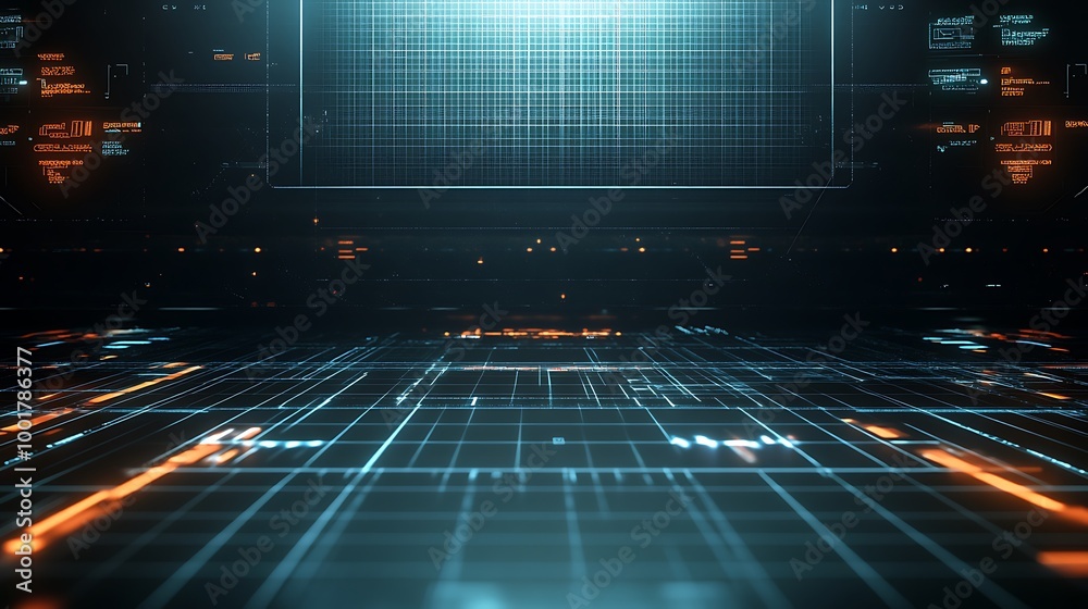 Poster Abstract digital background with glowing lines and screen in the background.