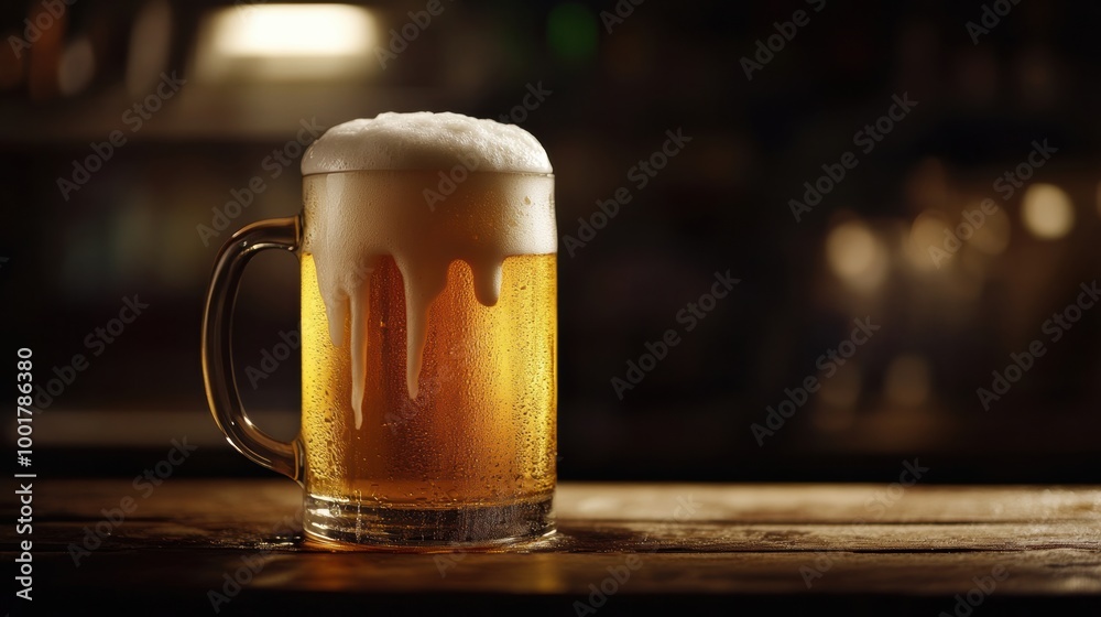 Aufkleber Close-up of a frothy beer mug with foam spilling on a rustic wooden table in a cozy bar setting. Generative AI