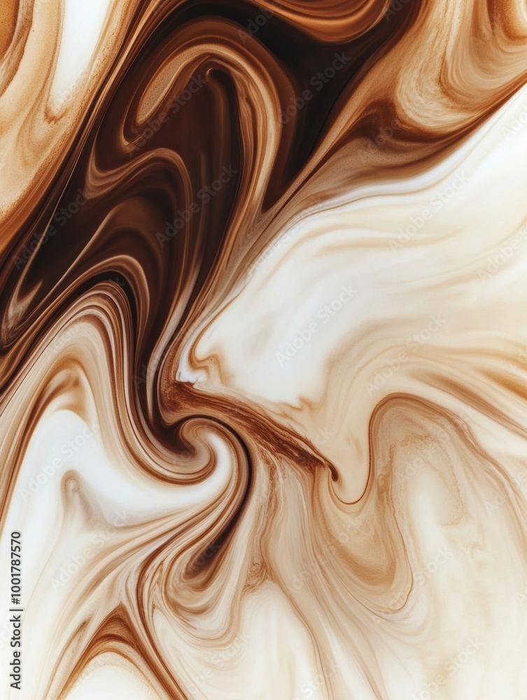 Poster Swirling coffee blends beautifully with milk to create an abstract artwork that showcases engaging fluid dynamics in a cup. Generative AI