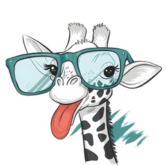 A playful illustration of a giraffe with a white face and black spots. The giraffe has large black eyes and its tongue sticking out. It is wearing a pair of
teal-colored glasses