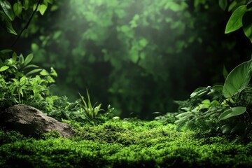 Fototapeta premium Green moss and background. Backdrop for displaying products. Dark forest background. with generative ai