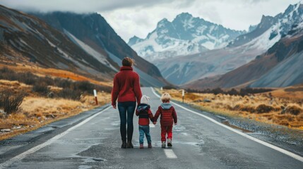 A mother and her two young children walk down a paved road in a mountainous landscape. The family is dressed in warm clothing and appears to be enjoying their adventure.