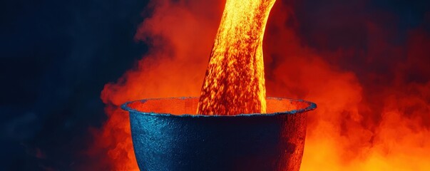 Molten metal pouring into a mold in a glowing foundry, industrial production process, metal casting 