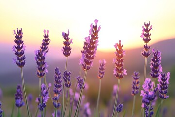 Fototapeta premium Field of purple flowers during sunset with close-up
