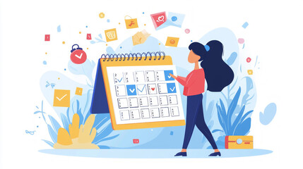 individual is engaged in organizing tasks in a planner striving for a balance between professional obligations and personal life surrounded by colorful reminders.