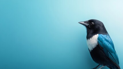 A striking black and white magpie is perched gracefully against a soft light blue backdrop. Its wings are slightly spread, and its beak is open, adding dynamic energy to the composition