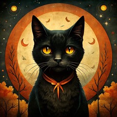 Halloween vintage craft black cat illustration. Cute cartoon black cat, charming illustration black cat. Hand drawn Halloween art with a textured black kitten illustration.