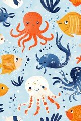 underwater creatures, lively ocean design featuring octopuses, squids, and fish on a light blue backdrop, creating a playful vibe