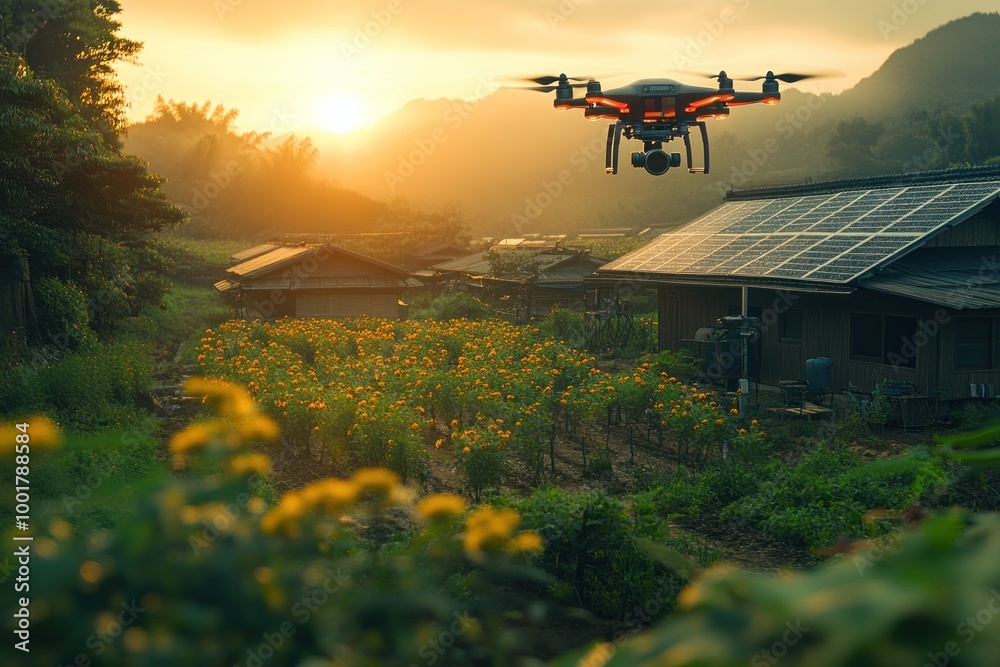 Sticker Drone flying over a rural village with a house equipped with solar panels during sunset.