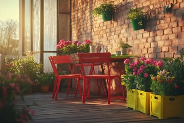 Naklejka premium Large variety of herbs and flowers in pots on the balcony