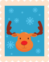 Christmas postage stamp with a reindeer face and snowflakes celebrating christmas holidays