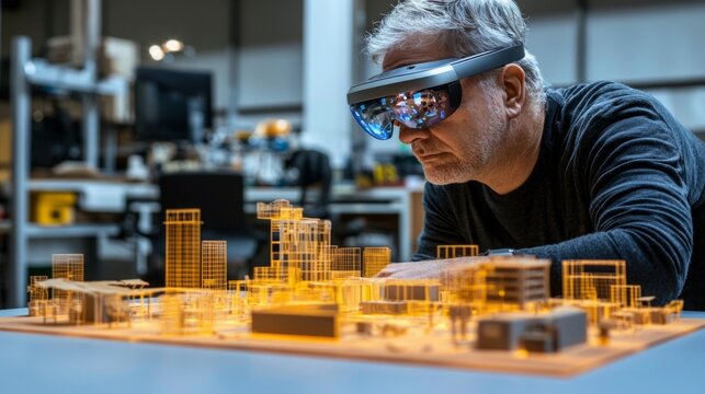user explores virtual models of urban structures through augmented reality glasses merging digital visualization with real life elements in a contemporary workspace.