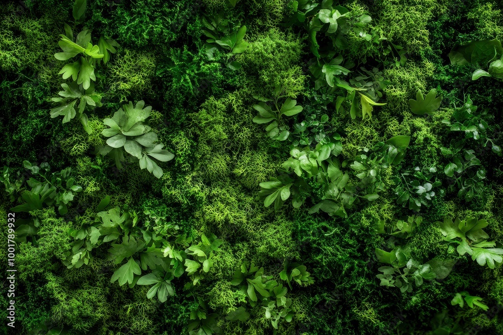 Wall mural green moss and background. backdrop for displaying products. dark forest background. with generative