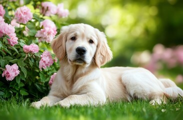Golden Retriever puppy on grass with flowers in background