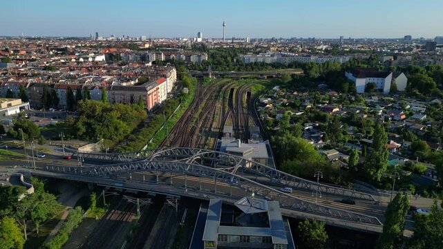 berlin former bornholmer str bridge border. Smooth aerial view flight drone