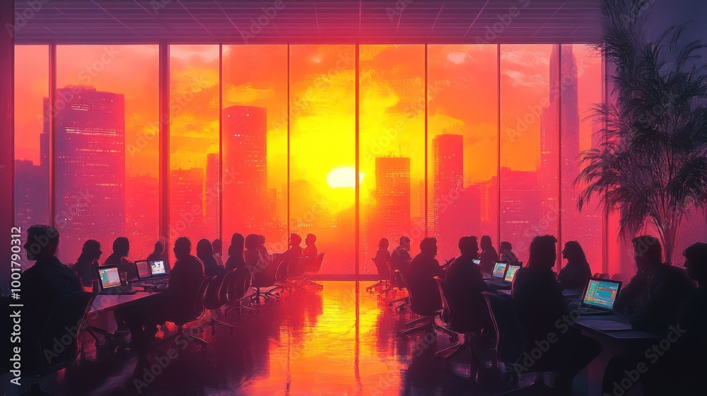 Canvas Prints Silhouetted people working at computers in an office with a stunning city sunset view.