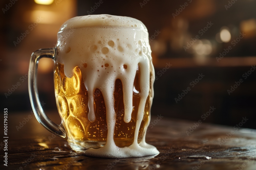 Poster A close-up of a frothy beer mug overflowing with foam resting on a rustic wooden table in a cozy setting. Generative AI