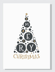 Merry Christmas card with hand drawn elements. Doodle and sketch vector Christmas illustration. Xmas Greeting card in Scandinavian style. Christmas Tree in pastel Black and Gold color