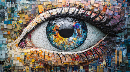 Surreal Mosaic Eye with Colorful Tiles Featuring Cityscape and Building Details in a Modern Artistic Design