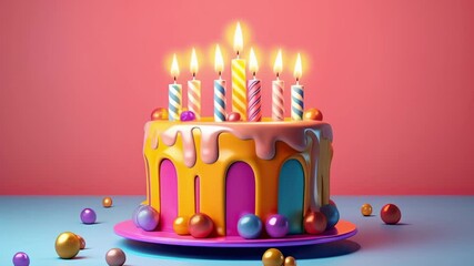 3d rendering of a colorful birthday cake with lit candles, dripping icing, and colorful sprinkles, conveying a sense of joy and celebration
