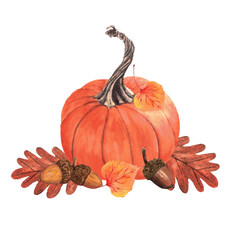 Composition of pumpkin, leaves and acorns. Pumpkin, leaves, acorns, fall, thanksgiving day, holiday