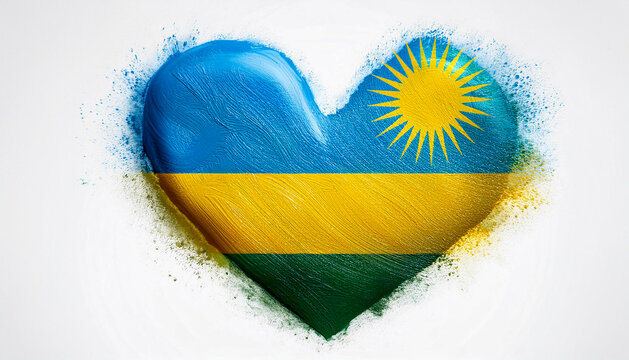 Paint stain in the shape of a heart in the colours of the Rwandan flag.