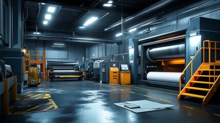 Futuristic Industrial Printing Press Workshop