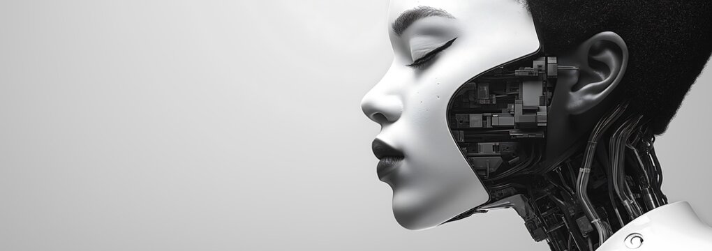 female humanoid robot with half its face being human and the other side showing mechanical parts, split in two to symbolize artificial intelligence's duality. Web banner in black and white