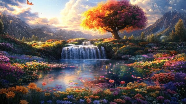 Dreamy landscape with vibrant flowers, a majestic tree, and cascading waterfalls flowing into a clear pond, surrounded by surreal floating clouds