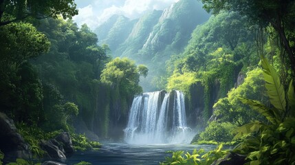 Mountain river waterfall in lush forest. 4k illustration