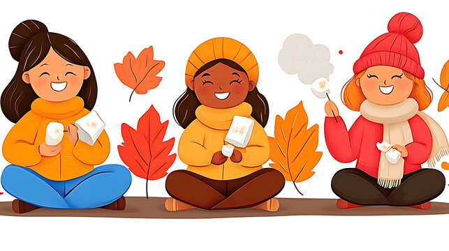 A group of friends gathered around a firepit, roasting marshmallows and laughing, with the backdrop of colorful autumn trees. The atmosphere is warm and festive, capturing the spirit of outdoor 
