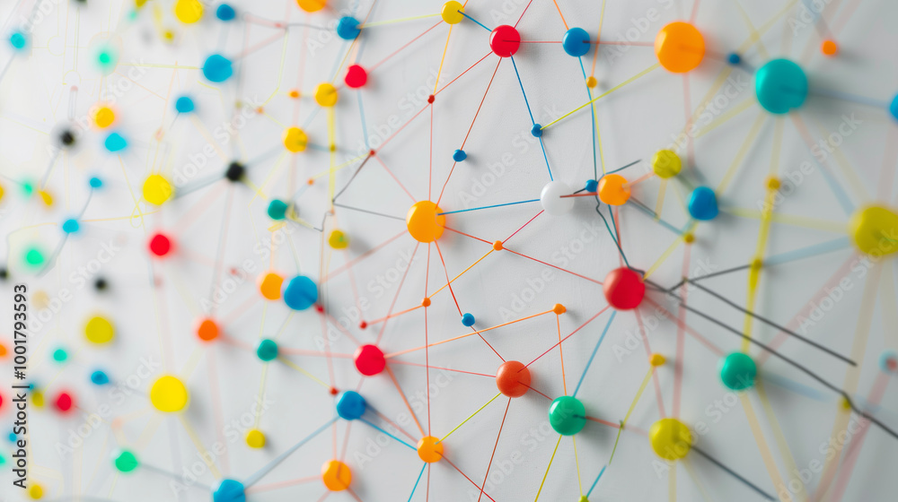 Wall mural abstract visualization of a web of interconnected colored nodes against a white background, represen