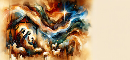 Watercolor painting representing Nativity scene in Bethlehem. Christmas scene illustration showing holy family baby Jesus in the manger Joseph and Mary. Banner or wallpaper. Copy space © melita