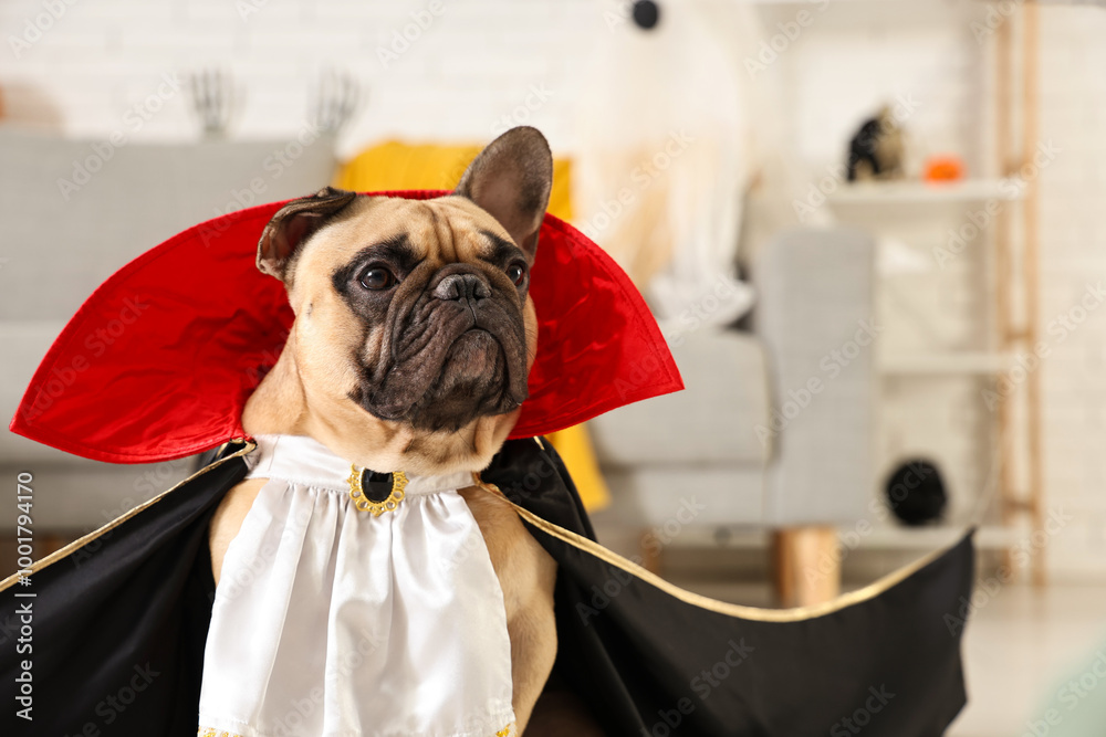 Wall mural Cute French bulldog dressed as Dracula for Halloween party at home