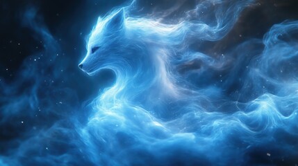 Ethereal Blue Fox Silhouette Formed From Flowing Nebula-Like Light
