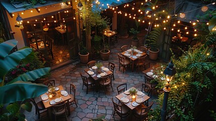A charming garden restaurant with outdoor seating and fairy lights, fresh, organic dishes being served
