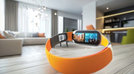 sleek wearable device showcases synchronized data from home systems emphasizing technology integration in a contemporary living environment.