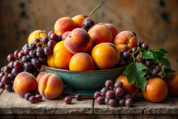 Still life with grapes, oranges and peaches in a bowl on a wooden table