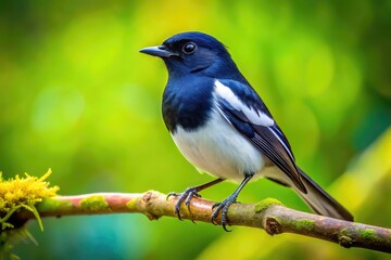 Obraz premium Elegant Black and White Bird Perched Gracefully on a Branch Against a Soft Blurred Background