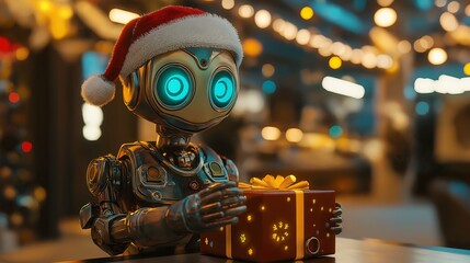 Robot dressed up in a Santa hat sitting at a table wrapping a present , with teal and yellow highlights