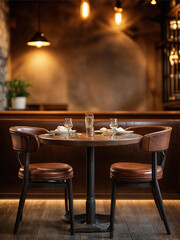 Interior with a wooden table and leather armchairs. Cafe tables